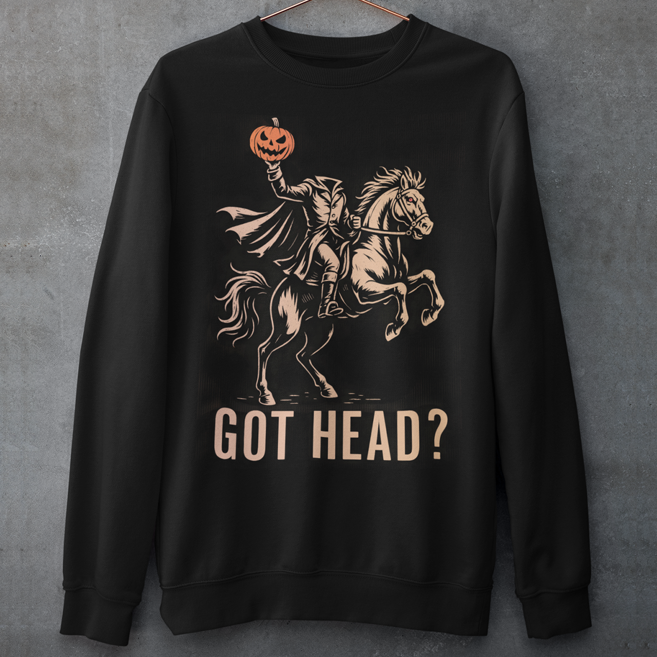 Unleash your spooky side with our “Got Head?” Headless Horseman Sweatshirt — the perfect blend of dark humor and Halloween legend. Featuring a bold, detailed illustration of the iconic Headless Horseman, this shirt captures eerie motion and mischief in one unforgettable design. The clever “Got Head?” slogan adds a playful twist that’s sure to turn heads (pun intended).