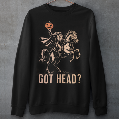Unleash your spooky side with our “Got Head?” Headless Horseman Sweatshirt — the perfect blend of dark humor and Halloween legend. Featuring a bold, detailed illustration of the iconic Headless Horseman, this shirt captures eerie motion and mischief in one unforgettable design. The clever “Got Head?” slogan adds a playful twist that’s sure to turn heads (pun intended).
