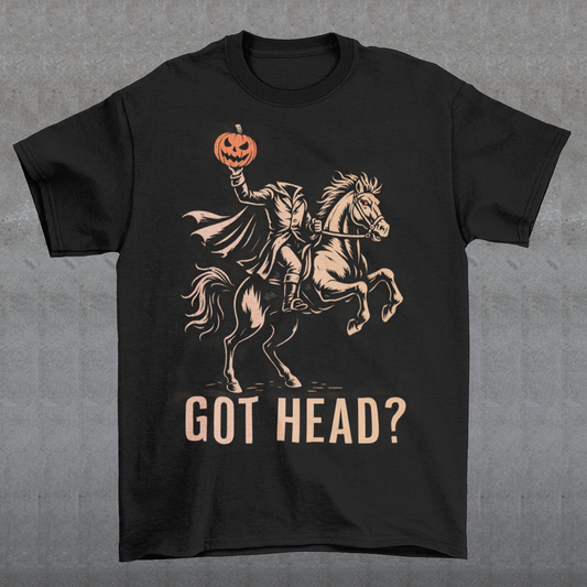 Unleash your spooky side with our “Got Head?” Headless Horseman T-shirt — the perfect blend of dark humor and Halloween legend. Featuring a bold, detailed illustration of the iconic Headless Horseman, this shirt captures eerie motion and mischief in one unforgettable design. The clever “Got Head?” slogan adds a playful twist that’s sure to turn heads (pun intended).
