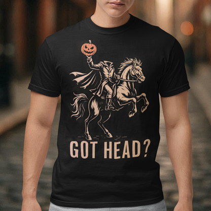 Unleash your spooky side with our “Got Head?” Headless Horseman T-shirt — the perfect blend of dark humor and Halloween legend. Featuring a bold, detailed illustration of the iconic Headless Horseman, this shirt captures eerie motion and mischief in one unforgettable design. The clever “Got Head?” slogan adds a playful twist that’s sure to turn heads (pun intended).