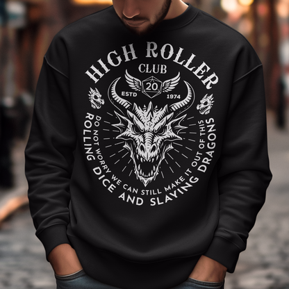 Step into legend status with the High Roller Club sweatshirt, forged for dice slingers, dragon slayers, and tabletop tacticians who play big and roll fearless. Featuring a fierce dragon crest and bold D20 iconography, this design salutes those who know fortune favors the bold and sometimes the wildly unprepared. Cozy enough for late night campaigns and intimidating enough for the gaming table, it’s built for crits, curses, and clutch saves alike. 