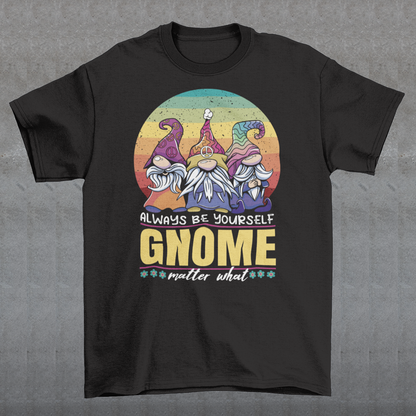 Embrace the spirit of individuality and positivity with our vibrant and enchanting t-shirt design. Picture three whimsical hippie gnomes, each radiating a unique charm that captures the essence of self-expression and harmony. Set against a backdrop of a retro rainbow sun, the scene exudes a nostalgic aura, reminding us of a bygone era when peace, love, and unity were celebrated. The gnomes, adorned in colorful tie-dye attire, perfectly embody the carefree and free nature the hippie movement.