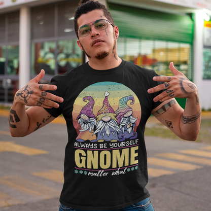 Embrace the spirit of individuality and positivity with our vibrant and enchanting t-shirt design. Picture three whimsical hippie gnomes, each radiating a unique charm that captures the essence of self-expression and harmony. Set against a backdrop of a retro rainbow sun, the scene exudes a nostalgic aura, reminding us of a bygone era when peace, love, and unity were celebrated. The gnomes, adorned in colorful tie-dye attire, perfectly embody the carefree and free nature the hippie movement.