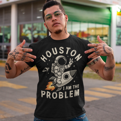 Make a statement that’s out of this world. This bold graphic tee features a fearless astronaut riding a rocket through space, throwing up a peace sign with cosmic confidence. Surrounding the design is the rebellious text: “HOUSTON I AM THE PROBLEM” — a playful twist on the classic space phrase. Perfect for space enthusiasts, rebels at heart, or anyone who loves a little cosmic humor.