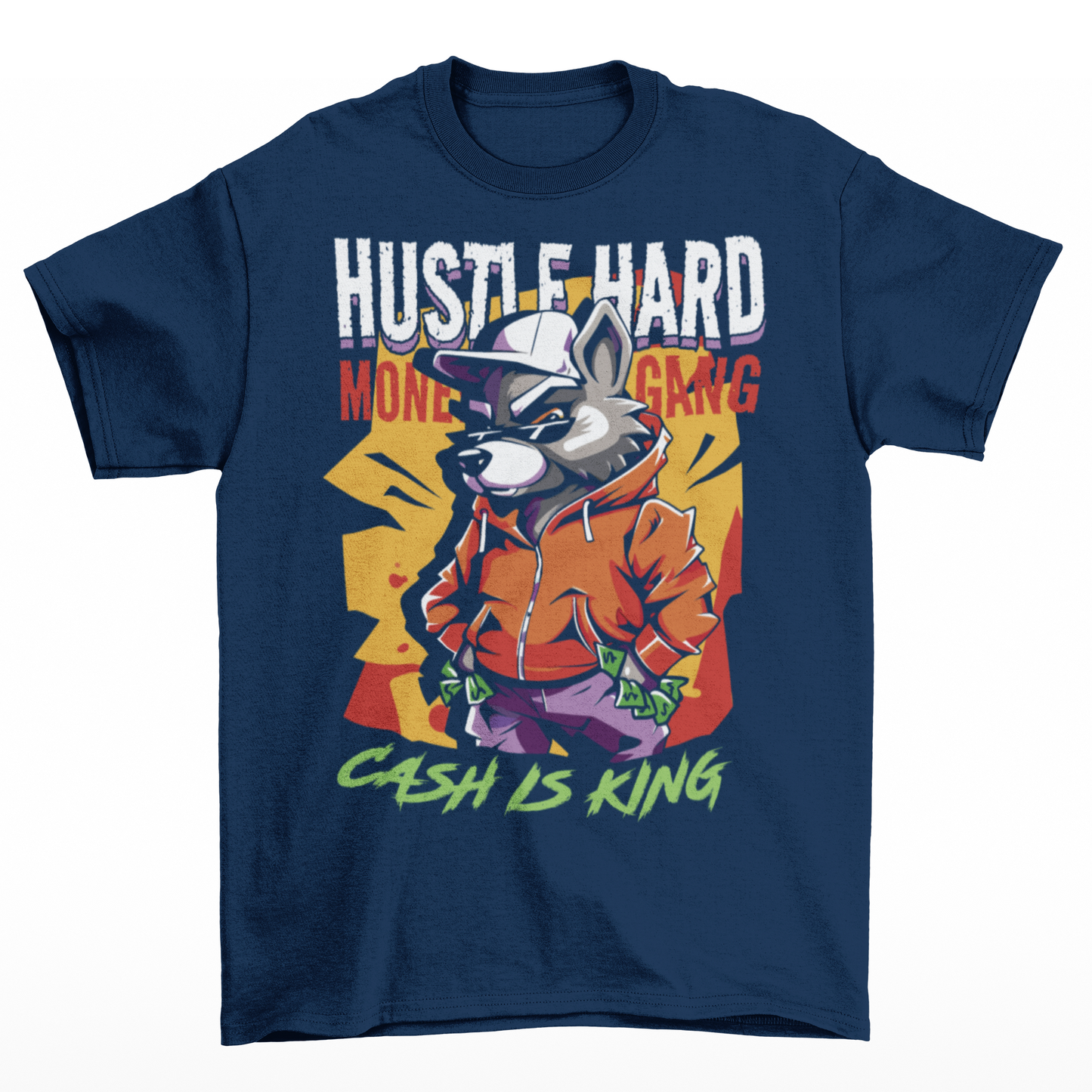 Navy t-shirt of a racoon gangster with text above  "HUSTLE HARD" and text below "CASH IS KING".