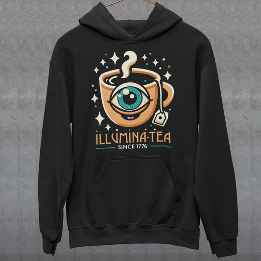 Black hoodie of an Illuminati cup with text Illumina-Tea