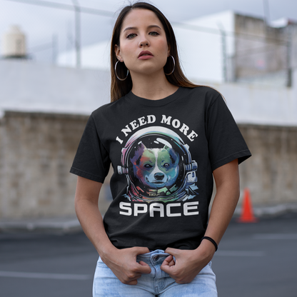 Black t-shirt of a dog in an astronaut helmet with text "I NEED MORE SPACE".