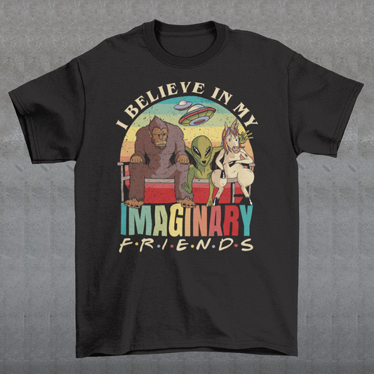 In the heart of this enchanting design, you'll find Bigfoot, the elusive creature of the woods, seated comfortably on a bench, embodying the essence of mystery and adventure. Right beside Bigfoot, an extraterrestrial visitor, with its classic big eyes and otherworldly charm, adds a touch of cosmic wonder to the scene. Completing this whimsical gathering is a majestic unicorn, its mane flowing gracefully, symbolizing purity and the magic of dreams.