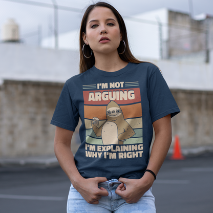 Navy t-shirt of a sloth holding a beer with a retro sun background with text  "I'M NOT ARGUING I'M JUST EXPLAINING WHY I'M RIGHT".