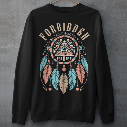 "Step into the enigmatic world of clandestine knowledge with our Illuminati Dreamcatcher sweatshirt. Featuring an intricate design that merges the mystique of the Illuminati symbol with the cultural heritage of dreamcatchers, this tee is a fusion of intrigue and symbolism. The central eye, a hallmark of Illuminati iconography, peers out from the heart of the dreamcatcher, symbolizing the pursuit of hidden truths and enlightenment.