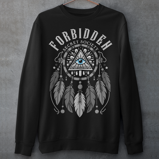 Black sweatshirt of an Illuminati dreamcatcher with text FORBIDDEN SECRET SOCIETY.