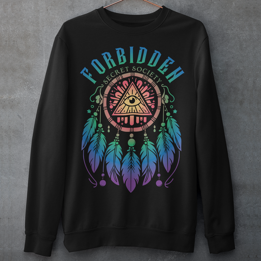 Black sweatshirt of an Illuminati dreamcatcher with text FORBIDDEN SECRET SOCIETY.