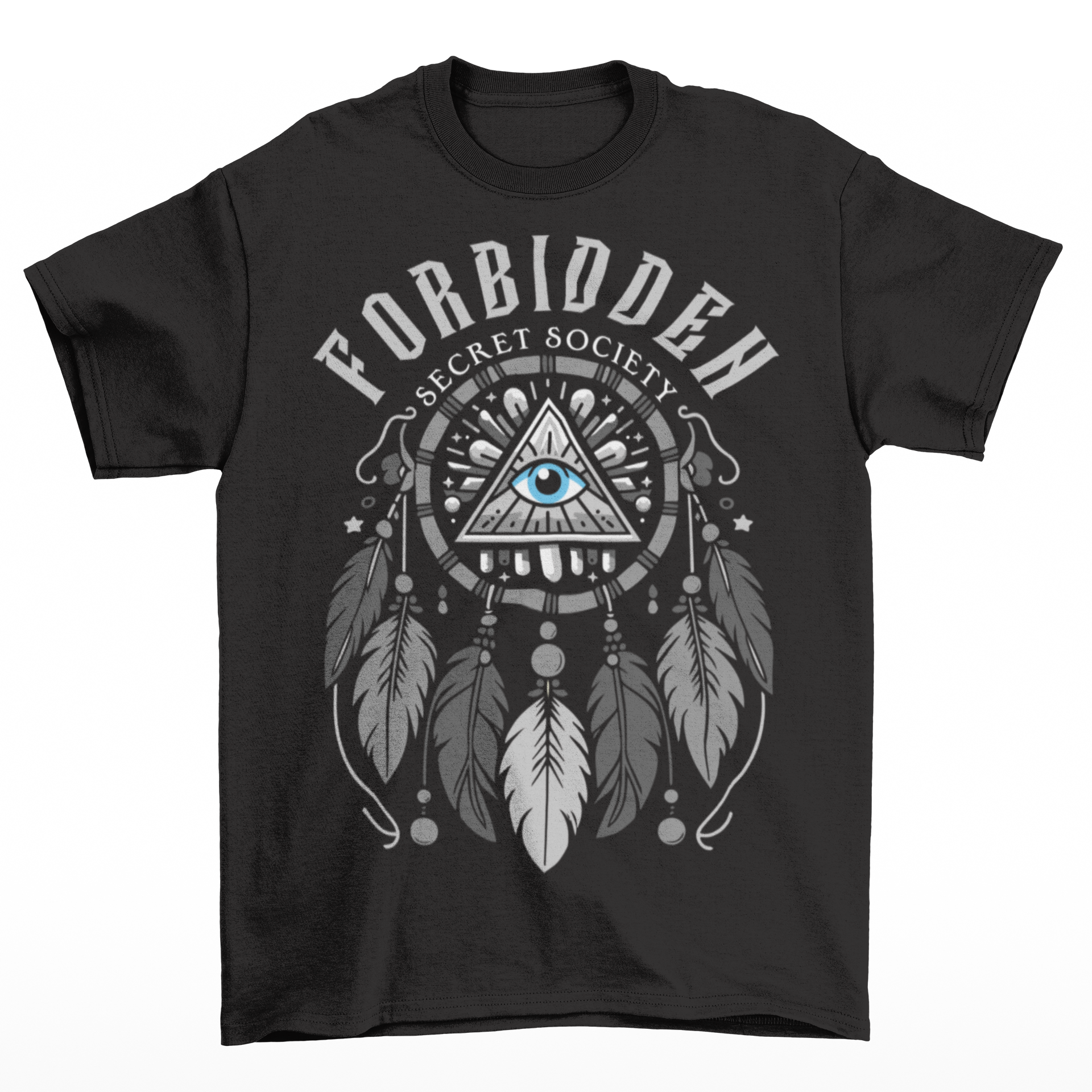 Black t-shirt of an Illuminati dreamcatcher with text FORBIDDEN SECRET SOCIETY.