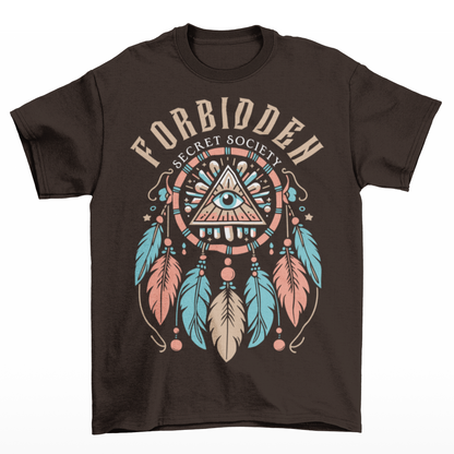 Brown t-shirt of an Illuminati dreamcatcher with text FORBIDDEN SECRET SOCIETY.