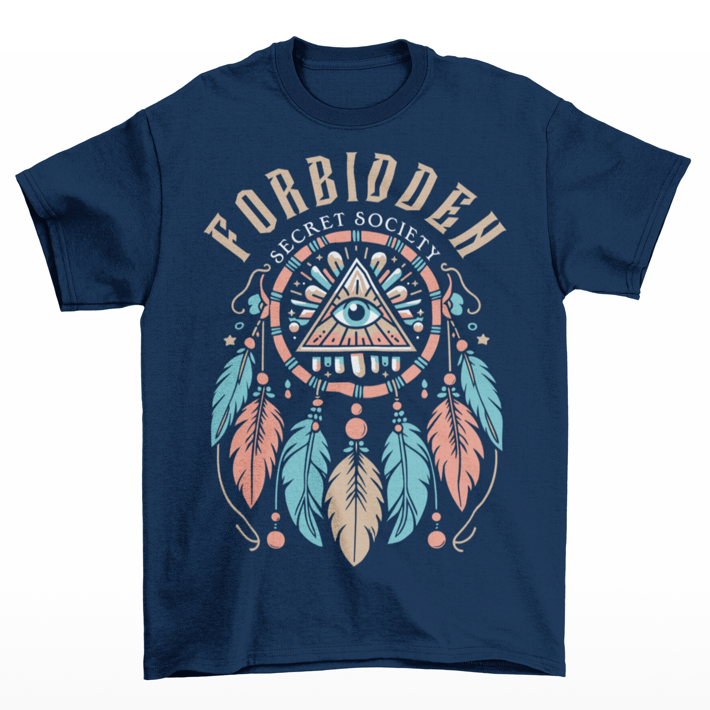 Navy t-shirt of an Illuminati dreamcatcher with text FORBIDDEN SECRET SOCIETY.