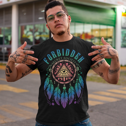 "Step into the enigmatic world of clandestine knowledge with our Illuminati Dreamcatcher T-shirt. Featuring an intricate design that merges the mystique of the Illuminati symbol with the cultural heritage of dreamcatchers, this tee is a fusion of intrigue and symbolism. The central eye, a hallmark of Illuminati iconography, peers out from the heart of the dreamcatcher, symbolizing the pursuit of hidden truths and enlightenment.