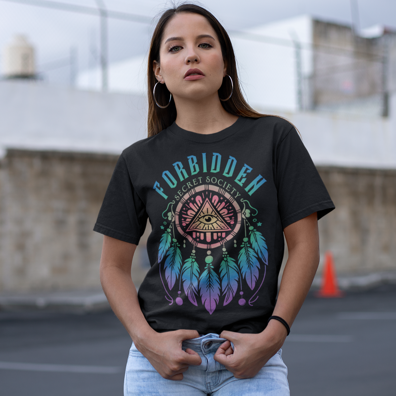 Black t-shirt of an Illuminati dreamcatcher with text FORBIDDEN SECRET SOCIETY.