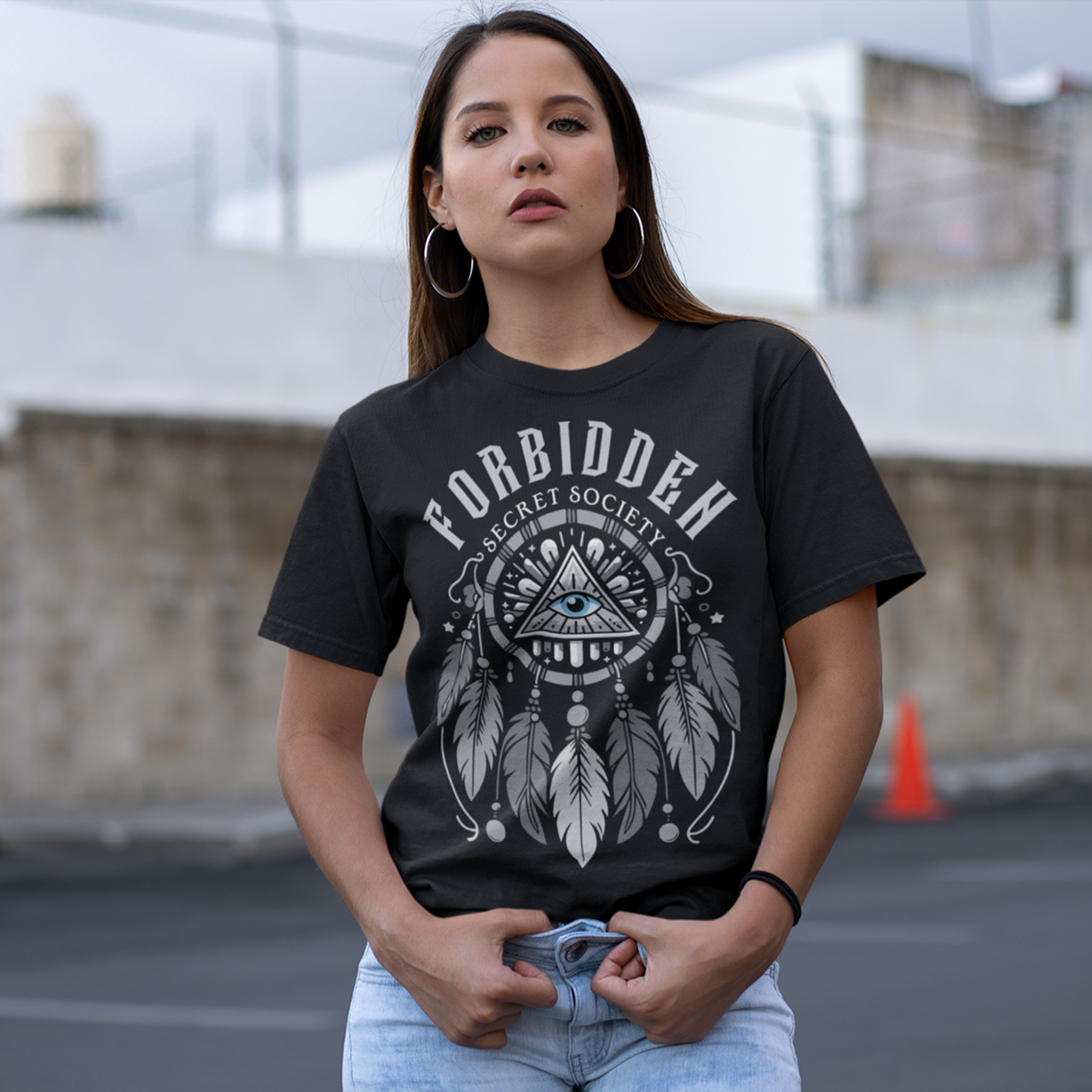 Black t-shirt of an Illuminati dreamcatcher with text FORBIDDEN SECRET SOCIETY.