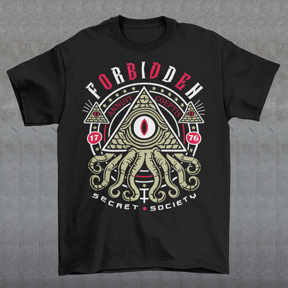 Uncover the hidden truths with this striking Forbidden Secret Society t-shirt. Featuring a mesmerizing graphic of reptilian tentacles slithering from an all-seeing eye pyramid, this design channels the dark mystique of the Illuminati and ancient conspiracies. Bold text wraps around the image, whispering secrets the world was never meant to know. Perfect for truth seekers, conspiracy enthusiasts, or anyone who thrives in the shadows of the unknown.