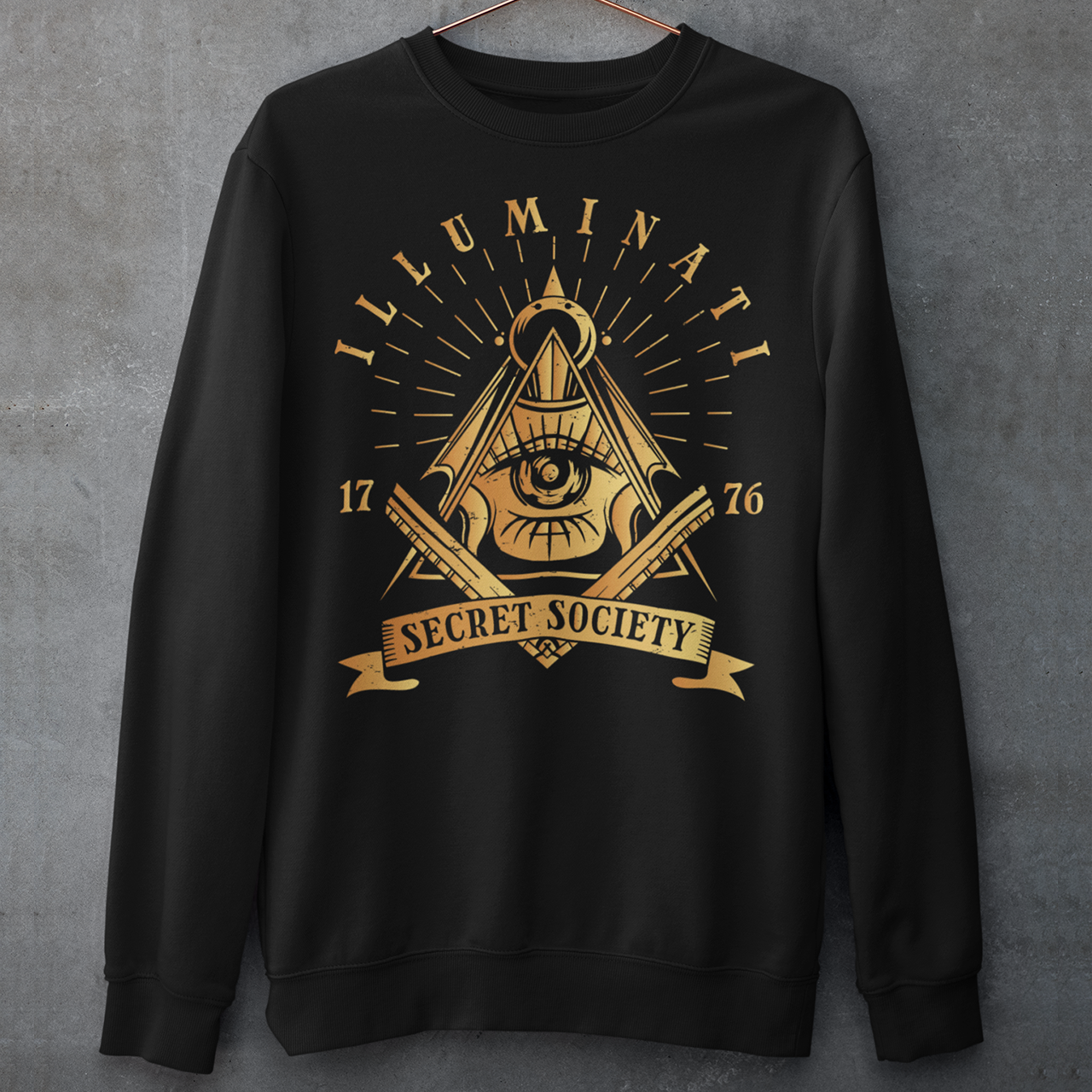 Black sweatshirt with a free mason symbol and text Illuminati Secret Society.