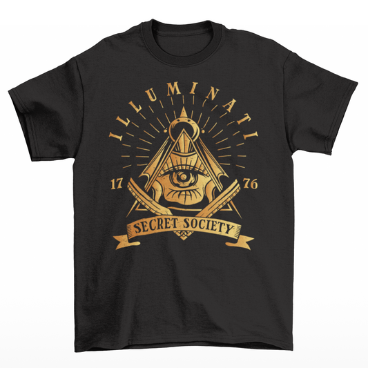 Black t-shirt of a  free mason symbol with text "ILLUMINATI SECRET SOCIETY".