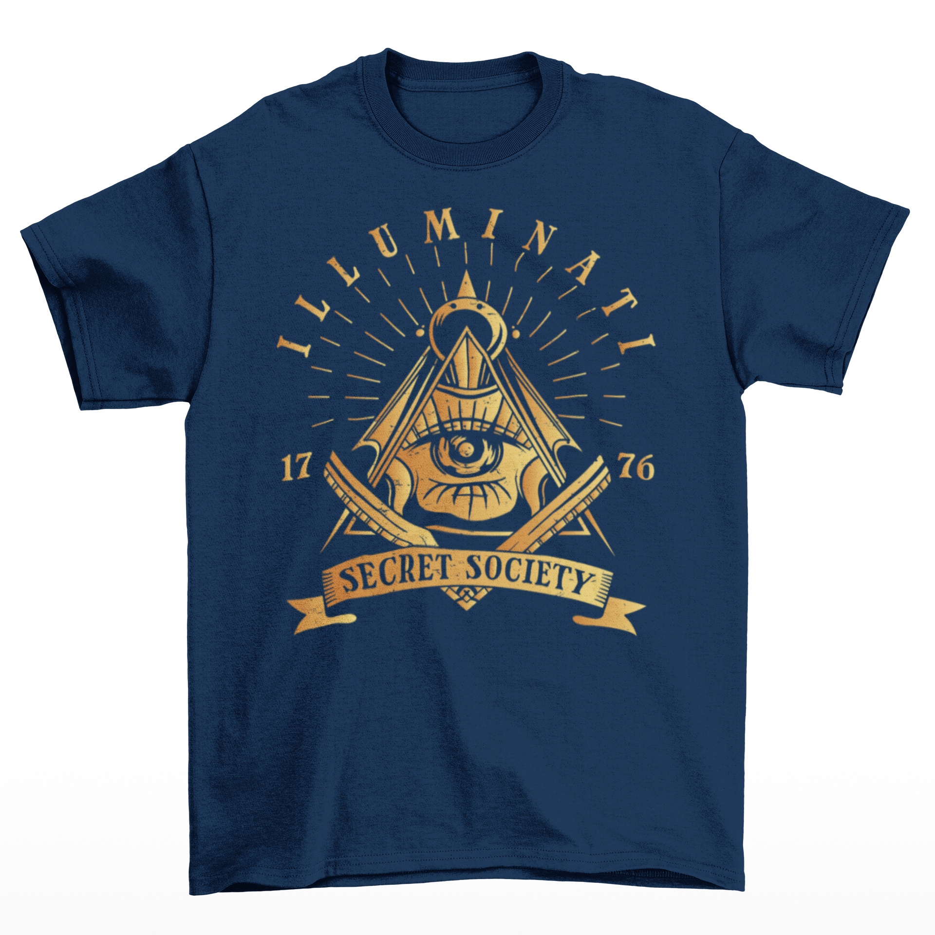 Navy t-shirt of a  free mason symbol with text "ILLUMINATI SECRET SOCIETY".