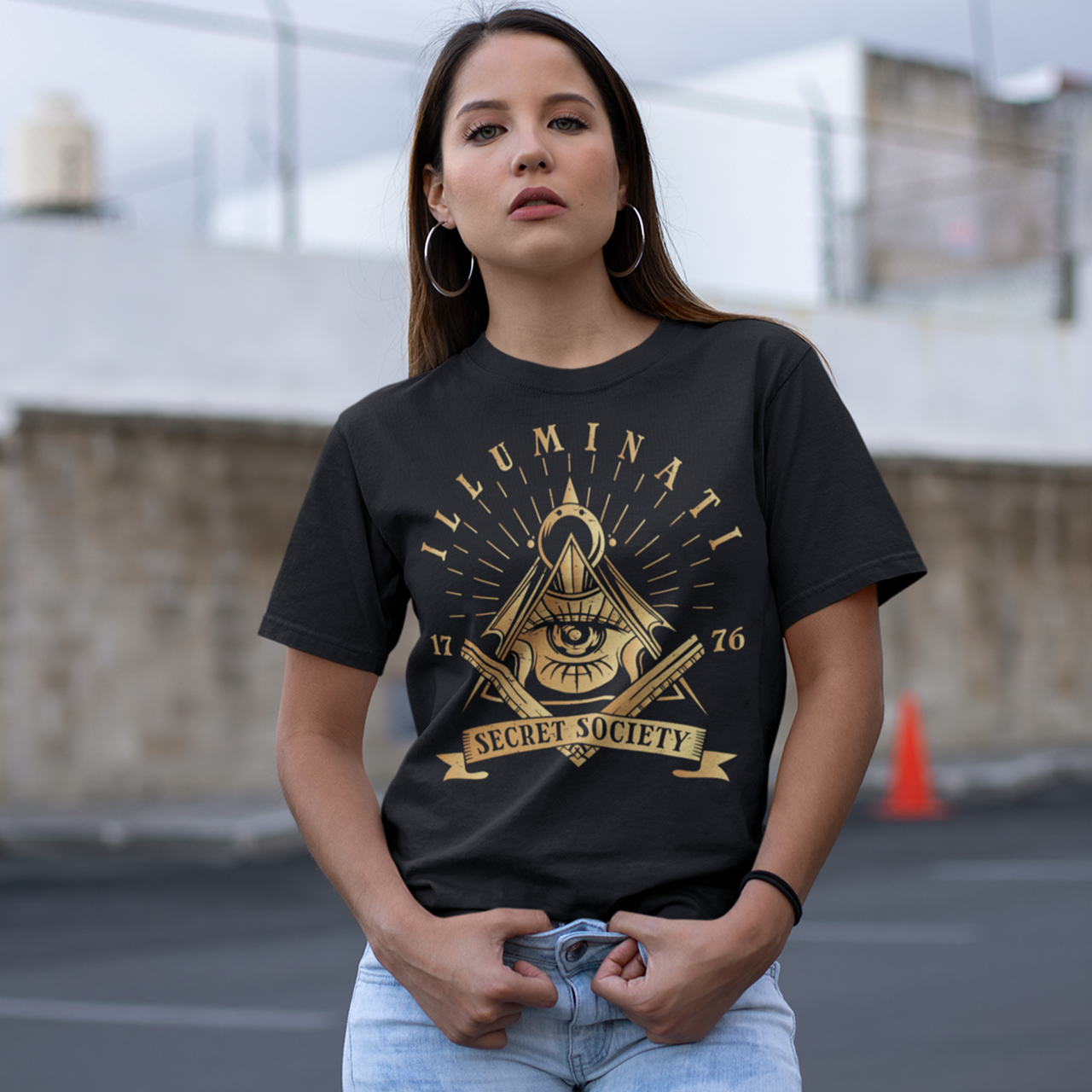 White t-shirt of a  free mason symbol with text "ILLUMINATI SECRET SOCIETY".