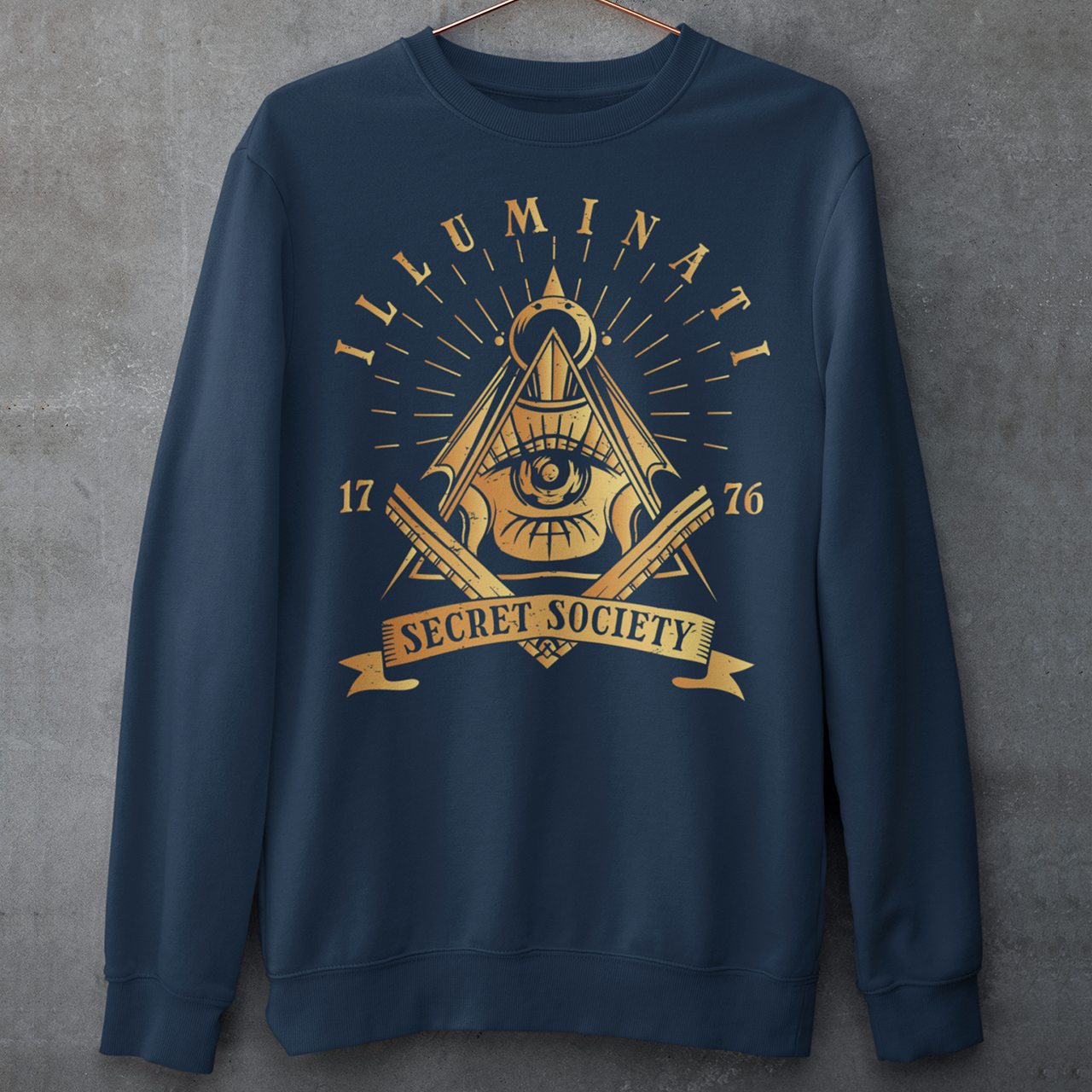 Navy sweatshirt with a free mason symbol and text Illuminati Secret Society.