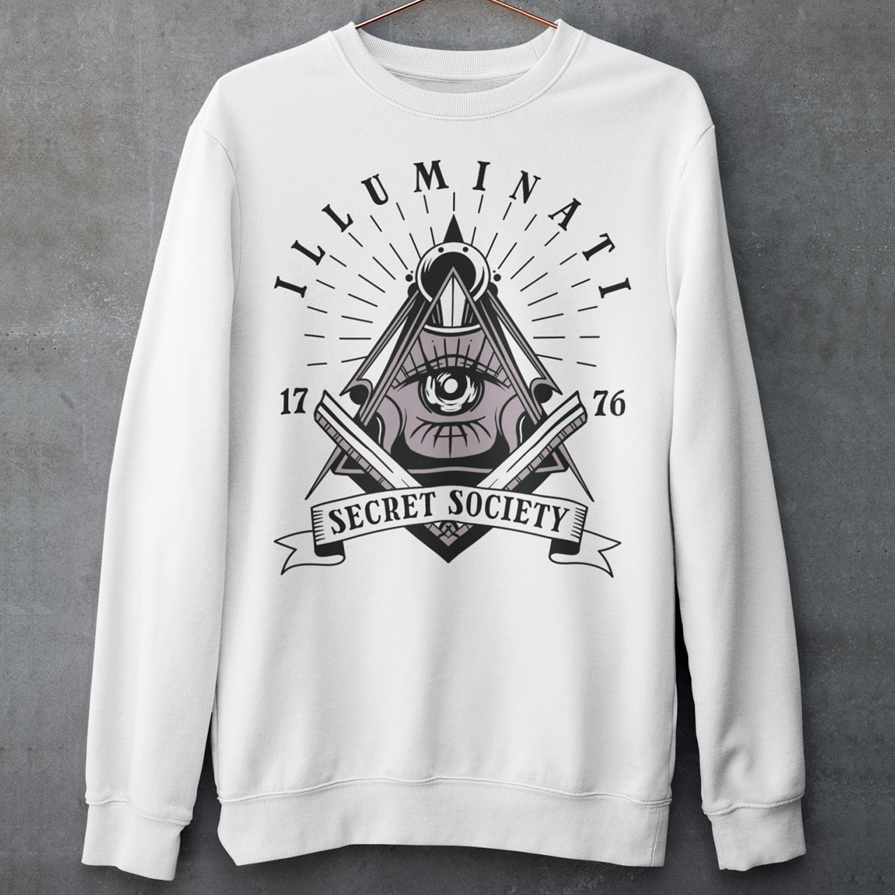 White sweatshirt with a free mason symbol and text Illuminati Secret Society.