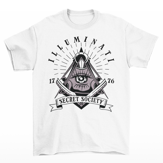 White t-shirt of a  free mason symbol with text "ILLUMINATI SECRET SOCIETY".