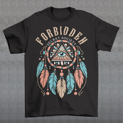 "Step into the enigmatic world of clandestine knowledge with our Illuminati Dreamcatcher T-shirt. Featuring an intricate design that merges the mystique of the Illuminati symbol with the cultural heritage of dreamcatchers, this tee is a fusion of intrigue and symbolism. The central eye, a hallmark of Illuminati iconography, peers out from the heart of the dreamcatcher, symbolizing the pursuit of hidden truths and enlightenment.