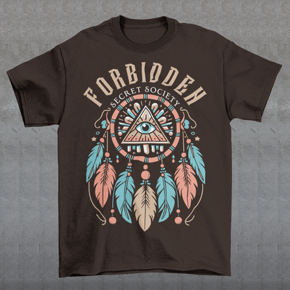 "Step into the enigmatic world of clandestine knowledge with our Illuminati Dreamcatcher T-shirt. Featuring an intricate design that merges the mystique of the Illuminati symbol with the cultural heritage of dreamcatchers, this tee is a fusion of intrigue and symbolism. The central eye, a hallmark of Illuminati iconography, peers out from the heart of the dreamcatcher, symbolizing the pursuit of hidden truths and enlightenment.