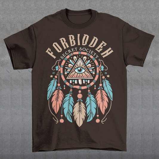 "Step into the enigmatic world of clandestine knowledge with our Illuminati Dreamcatcher T-shirt. Featuring an intricate design that merges the mystique of the Illuminati symbol with the cultural heritage of dreamcatchers, this tee is a fusion of intrigue and symbolism. The central eye, a hallmark of Illuminati iconography, peers out from the heart of the dreamcatcher, symbolizing the pursuit of hidden truths and enlightenment.