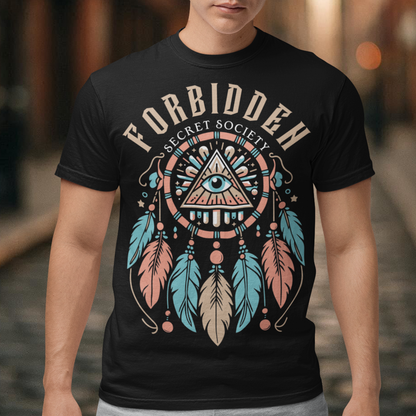 "Step into the enigmatic world of clandestine knowledge with our Illuminati Dreamcatcher T-shirt. Featuring an intricate design that merges the mystique of the Illuminati symbol with the cultural heritage of dreamcatchers, this tee is a fusion of intrigue and symbolism. The central eye, a hallmark of Illuminati iconography, peers out from the heart of the dreamcatcher, symbolizing the pursuit of hidden truths and enlightenment.