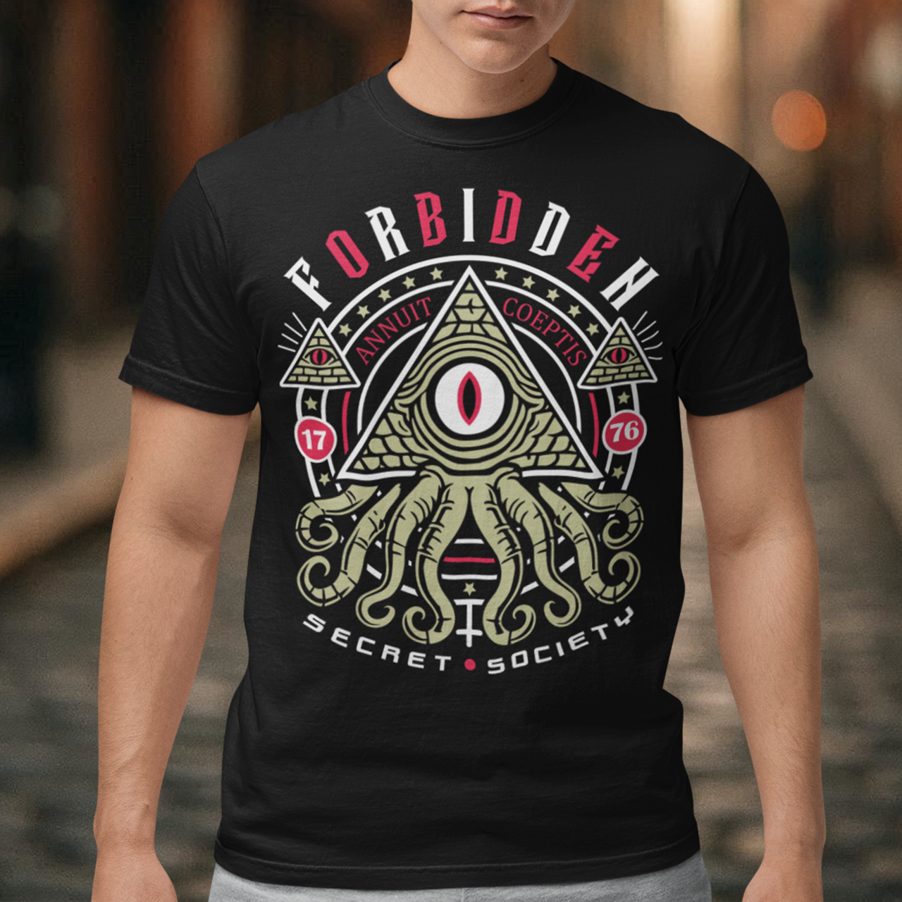 Uncover the hidden truths with this striking Forbidden Secret Society t-shirt. Featuring a mesmerizing graphic of reptilian tentacles slithering from an all-seeing eye pyramid, this design channels the dark mystique of the Illuminati and ancient conspiracies. Bold text wraps around the image, whispering secrets the world was never meant to know. Perfect for truth seekers, conspiracy enthusiasts, or anyone who thrives in the shadows of the unknown.