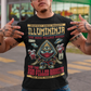 Black t-shirt of a comic book style Illuminati ninja and two ninja rabbits with text ILLUMININJA AND THR RED PILLED RABBITS.