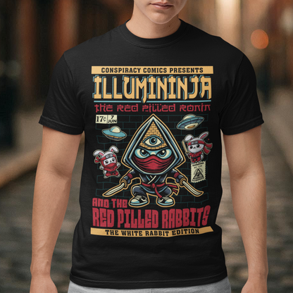 Unleash the shadows with this comic book-style "Illumininja &amp; The Red-Pilled Rabbits" graphic tee! Featuring a mysterious Illuminati-inspired ninja, cloaked in darkness with an all-seeing eye symbol, this design blends secrecy and martial arts mastery. Flanking him are two rebellious ninja rabbits, each armed and ready, symbolizing truth-seekers who have broken free from the illusion.
