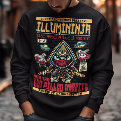 Unleash the shadows with this comic book-style "Illumininja and The Red-Pilled Rabbits" graphic sweatshirt! Featuring a mysterious Illuminati-inspired ninja, cloaked in darkness with an all-seeing eye symbol, this design blends secrecy and martial arts mastery. Flanking him are two rebellious ninja rabbits, each armed and ready, symbolizing truth-seekers who have broken free from the illusion.
