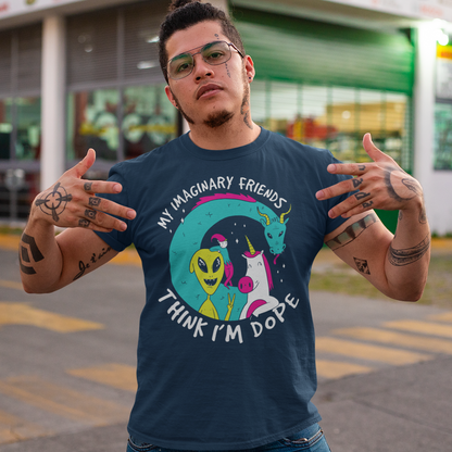 Introducing the ultimate t-shirt for those who believe in the magical and fantastical - our dope design featuring the Loch Ness Monster, An Alien, A Unicorn, and Elf! With vibrant colors and intricate detailing, this t-shirt showcases your favorite mythical creatures in all their glory. But that's not all - this t-shirt also features the text "My imaginary friends think I'm dope", a playful nod to the idea that those who embrace their imagination and sense of wonder are truly special.