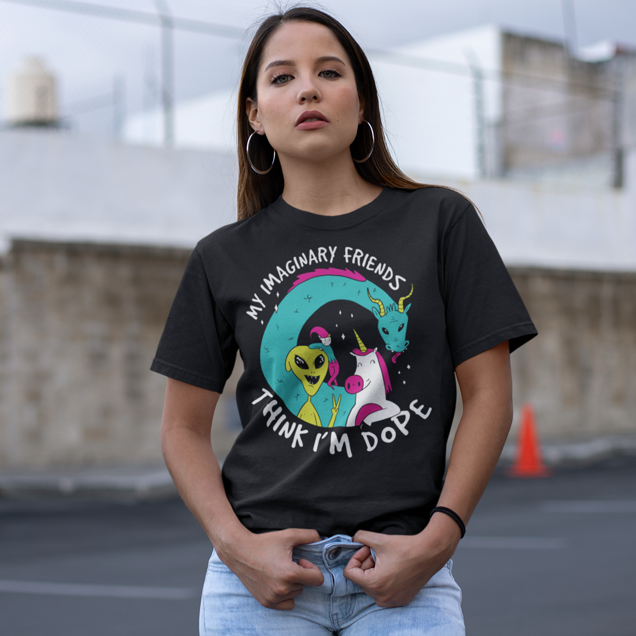 Black t-shirt of loch ness monster, unicorn, elf and alien with text "MY IMAGINARY FRIENDS THINK I'M DOPE".