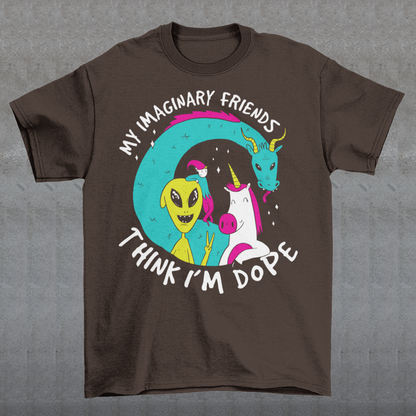 Introducing the ultimate t-shirt for those who believe in the magical and fantastical - our dope design featuring the Loch Ness Monster, An Alien, A Unicorn, and Elf! With vibrant colors and intricate detailing, this t-shirt showcases your favorite mythical creatures in all their glory. But that's not all - this t-shirt also features the text "My imaginary friends think I'm dope", a playful nod to the idea that those who embrace their imagination and sense of wonder are truly special.