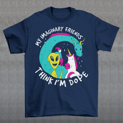 Introducing the ultimate t-shirt for those who believe in the magical and fantastical - our dope design featuring the Loch Ness Monster, An Alien, A Unicorn, and Elf! With vibrant colors and intricate detailing, this t-shirt showcases your favorite mythical creatures in all their glory. But that's not all - this t-shirt also features the text "My imaginary friends think I'm dope", a playful nod to the idea that those who embrace their imagination and sense of wonder are truly special.