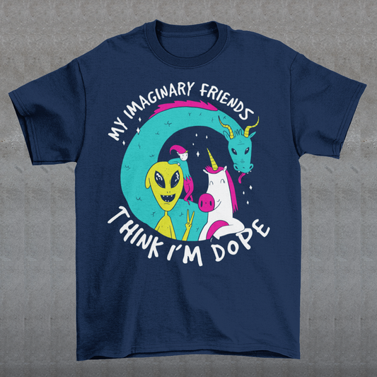 Introducing the ultimate t-shirt for those who believe in the magical and fantastical - our dope design featuring the Loch Ness Monster, An Alien, A Unicorn, and Elf! With vibrant colors and intricate detailing, this t-shirt showcases your favorite mythical creatures in all their glory. But that's not all - this t-shirt also features the text "My imaginary friends think I'm dope", a playful nod to the idea that those who embrace their imagination and sense of wonder are truly special.