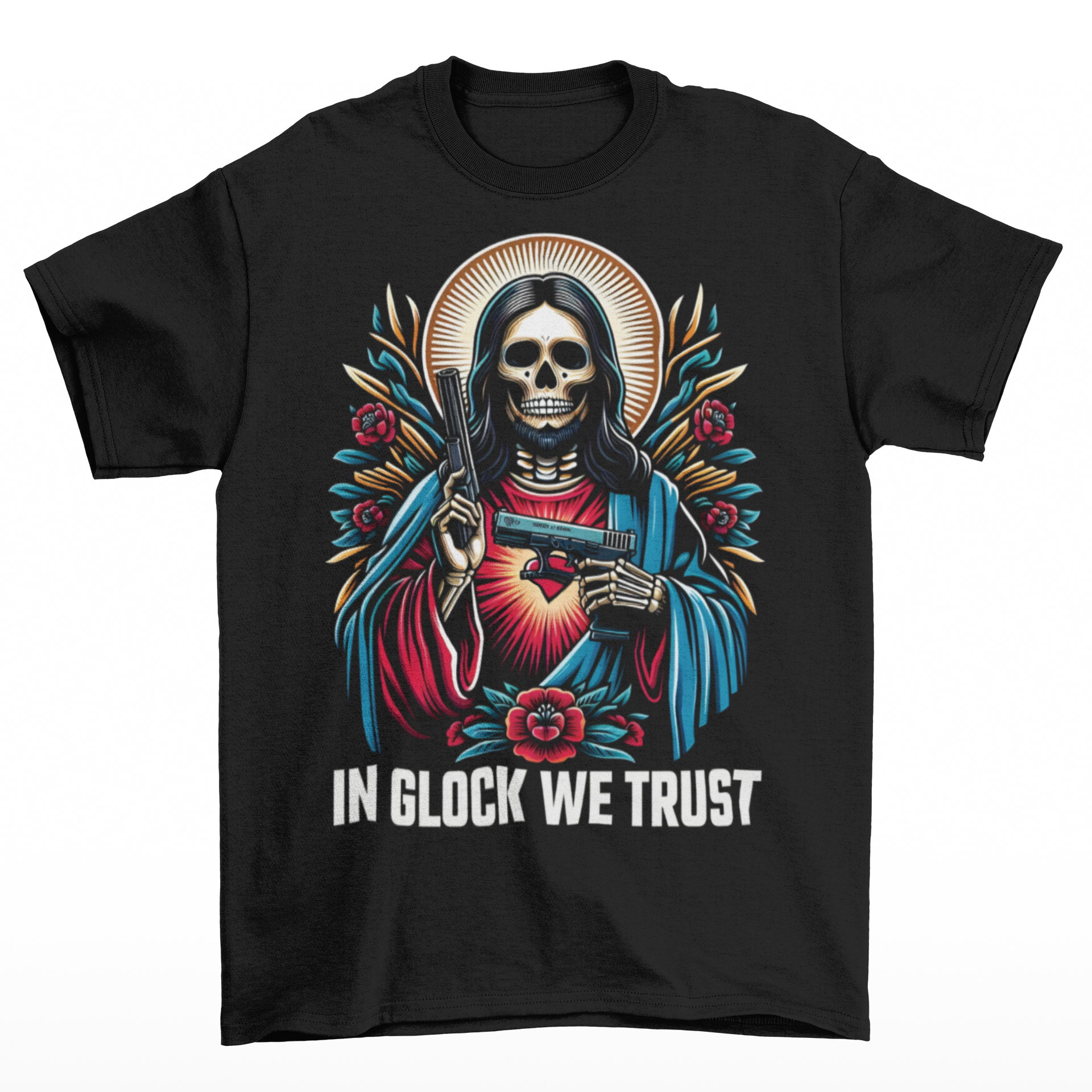 Black t-shirt of a skeleton Jesus with two guns and text below IN GLOCK WE TRUST. 