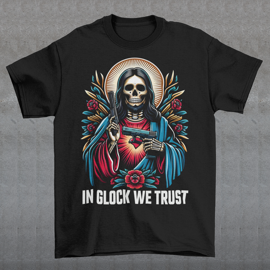 Unveil your bold style with our audacious "Skeleton Jesus - In Glock We Trust" t-shirt. This striking design features a skeletal representation of Jesus, wielding two gleaming guns, embodying a powerful juxtaposition of traditional religious iconography and modern, edgy street art. The graphic is intricately detailed, with the skeletal Jesus standing confidently, the guns adding an intense, rebellious flair.