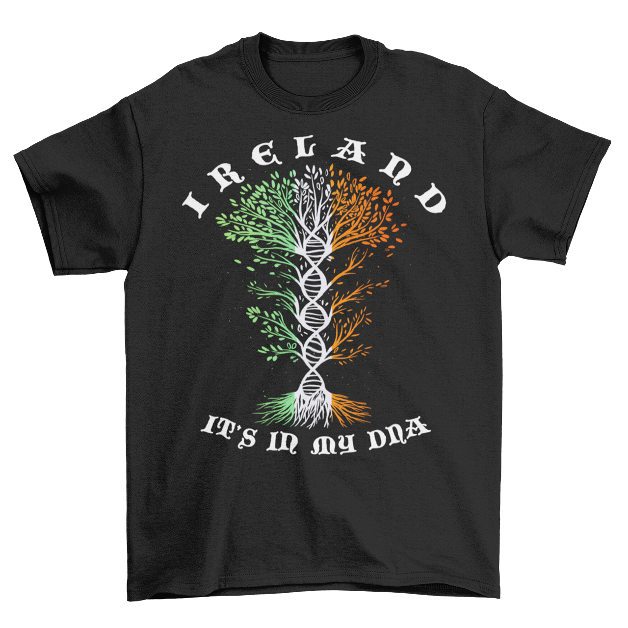 Black t-shirt of an Irish tree of life with text "IRELAND ITS IN MY DNA".