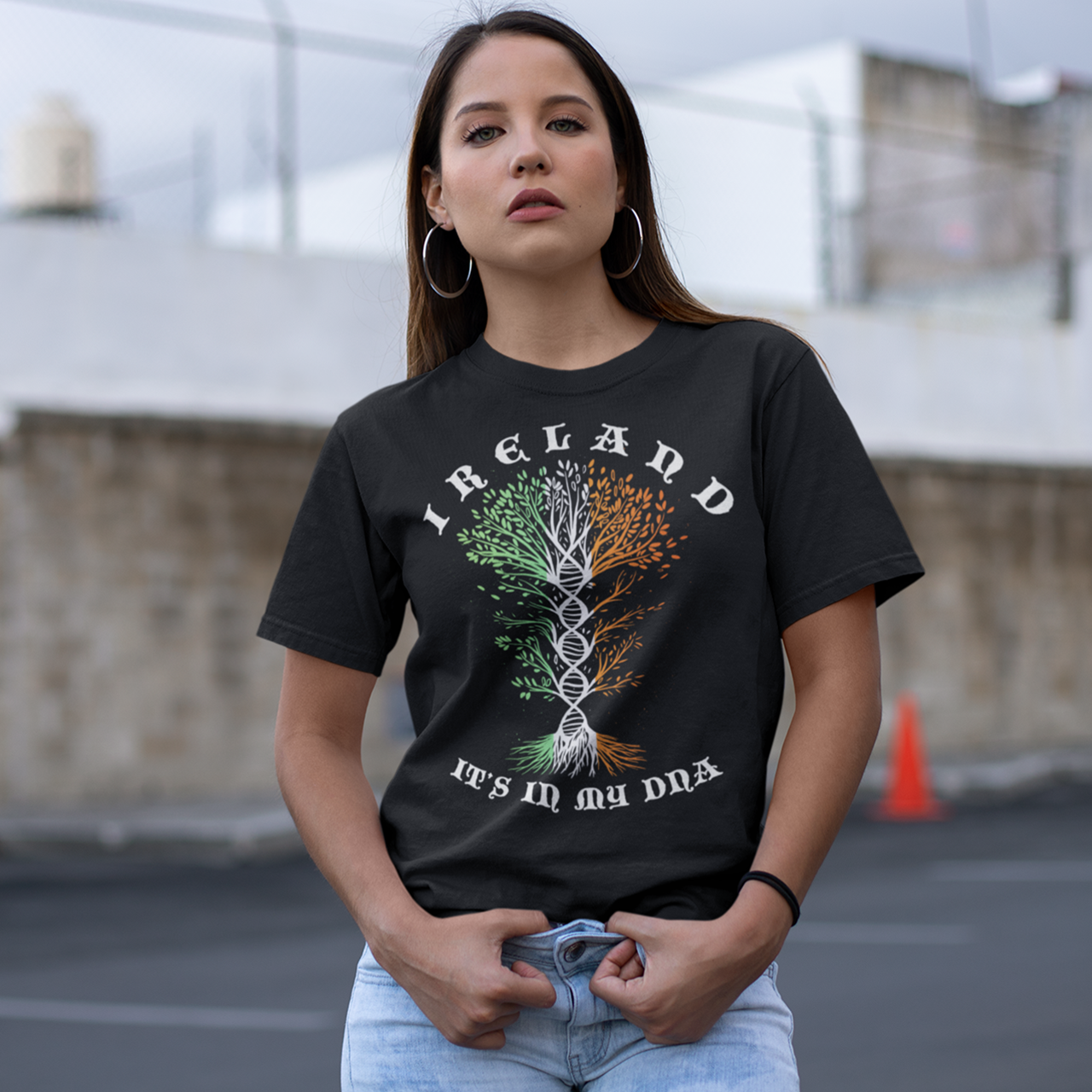 Black t-shirt of an Irish tree of life with text "IRELAND ITS IN MY DNA".