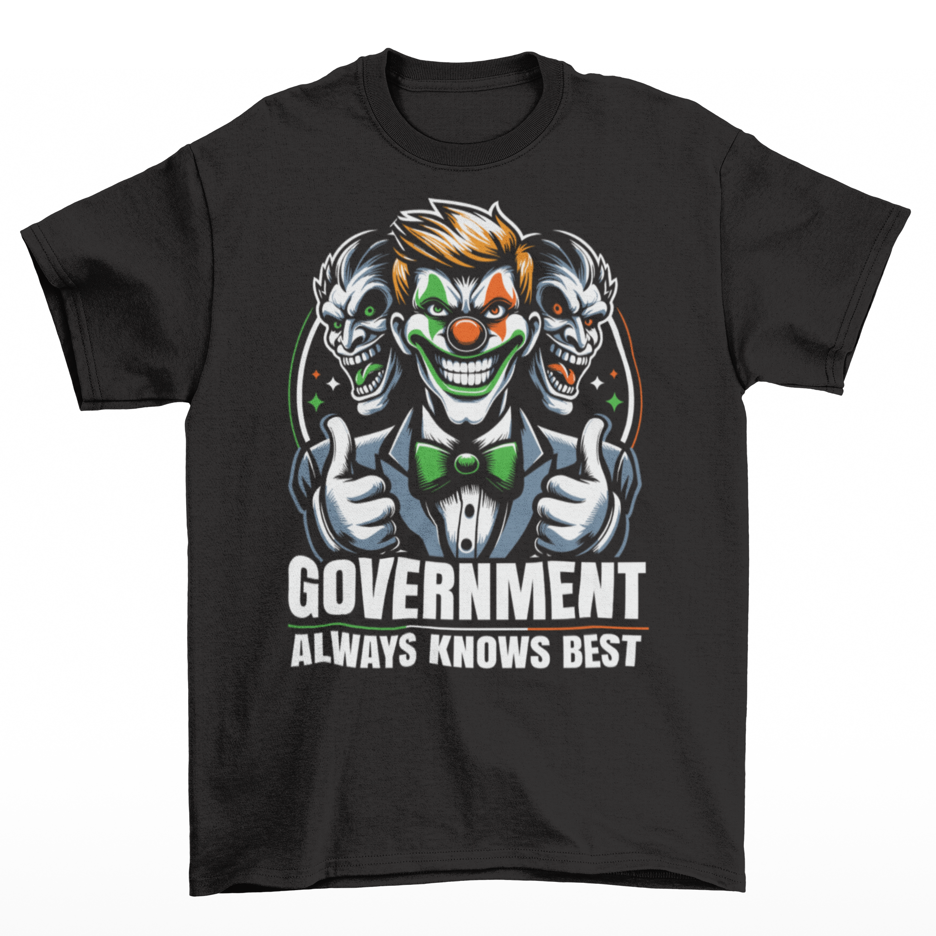 Black t-shirt of a government clown with text GOVERNMENT ALWAYS KNOWS BEST.