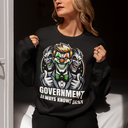 Introducing our Government Clown Sweatshirt, a satirical statement piece that's sure to turn heads and spark conversations. Featuring a whimsical depiction of a clown with bureaucratic attire and a comically oversized tie, this design captures the essence of government inefficiency with a touch of humor.