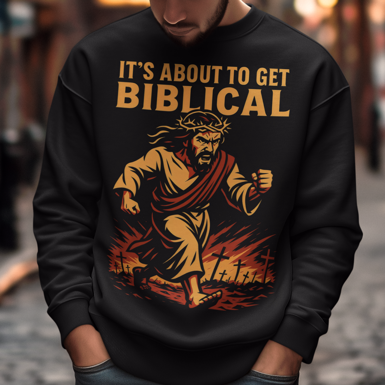 This black sweatshirt delivers bold faith-meets-humor with a striking illustration and an unmistakable statement: “It’s About To Get Biblical.” Featuring a dynamic, vintage-style depiction of Jesus charging forward through fire and fallen crosses, the artwork blends dramatic religious imagery with modern meme culture. Warm gold and red tones pop against the dark fabric, giving the design an old-school poster feel with unapologetic attitude.
